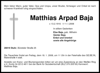 Traueranzeigen Von Matthias Arpad Baja Trauer Kreiszeitung De