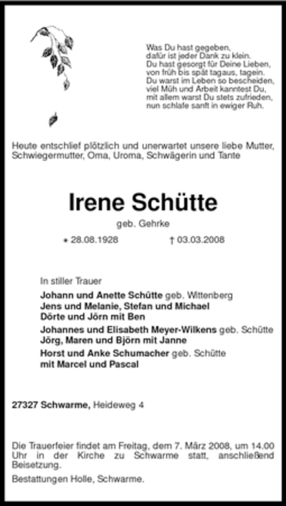 Traueranzeigen Von Irene Sch Tte Trauer Kreiszeitung De