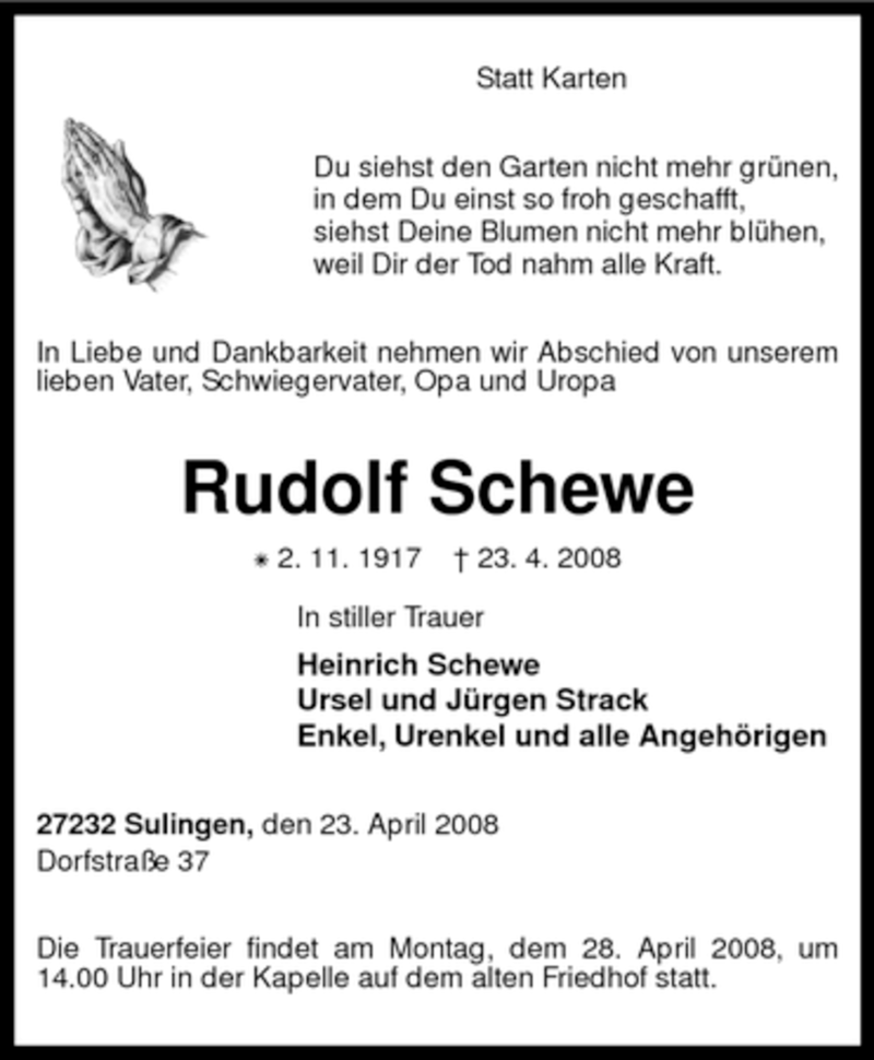 Traueranzeigen Von Rudolf Schewe Trauer Kreiszeitung De