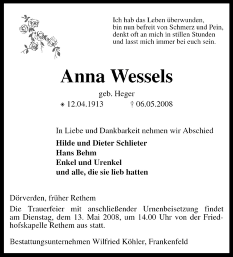 Traueranzeigen Von Anna Wessels Trauer Kreiszeitung De