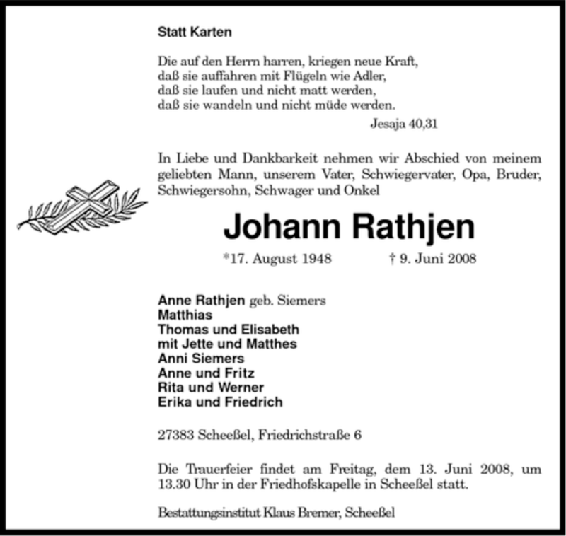 Traueranzeigen Von Johann Rathjen Trauer Kreiszeitung De