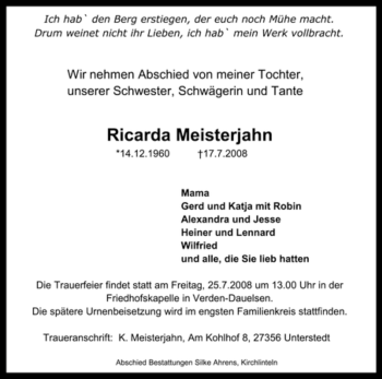 Traueranzeigen Von Ricarda Meisterjahn Trauer Kreiszeitung De