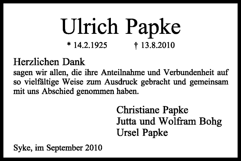 Traueranzeigen Von Ulrich Papke Trauer Kreiszeitung De