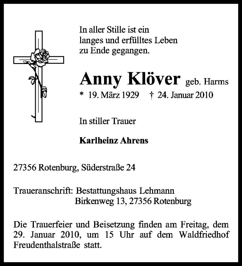 Traueranzeigen Von Anny Kl Ver Trauer Kreiszeitung De