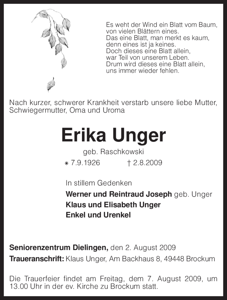 Traueranzeigen Von Erika Unger Trauer Kreiszeitung De