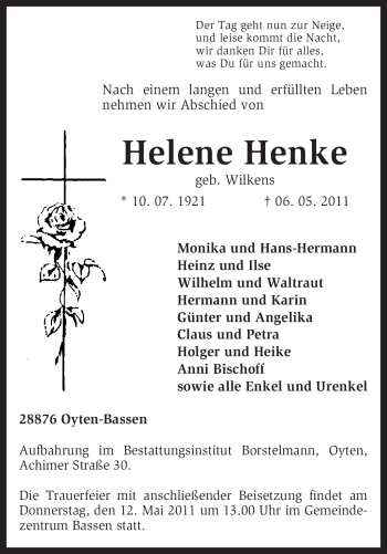 Traueranzeigen Von Helene Henke Trauer Kreiszeitung De