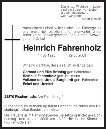 Traueranzeigen Von Heinrich Fahrenholz Trauer Kreiszeitung De