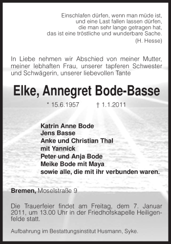 Traueranzeigen Von Elke Annegret Bode Basse Trauer Kreiszeitung De