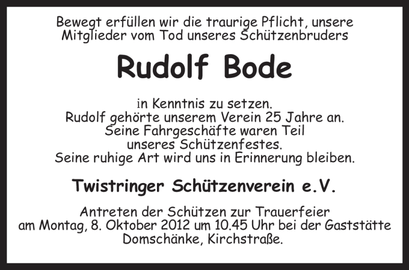 Traueranzeigen Von Rudolf Bode Trauer Kreiszeitung De