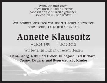 Traueranzeigen Von Annette Klausnitz Trauer Kreiszeitung De