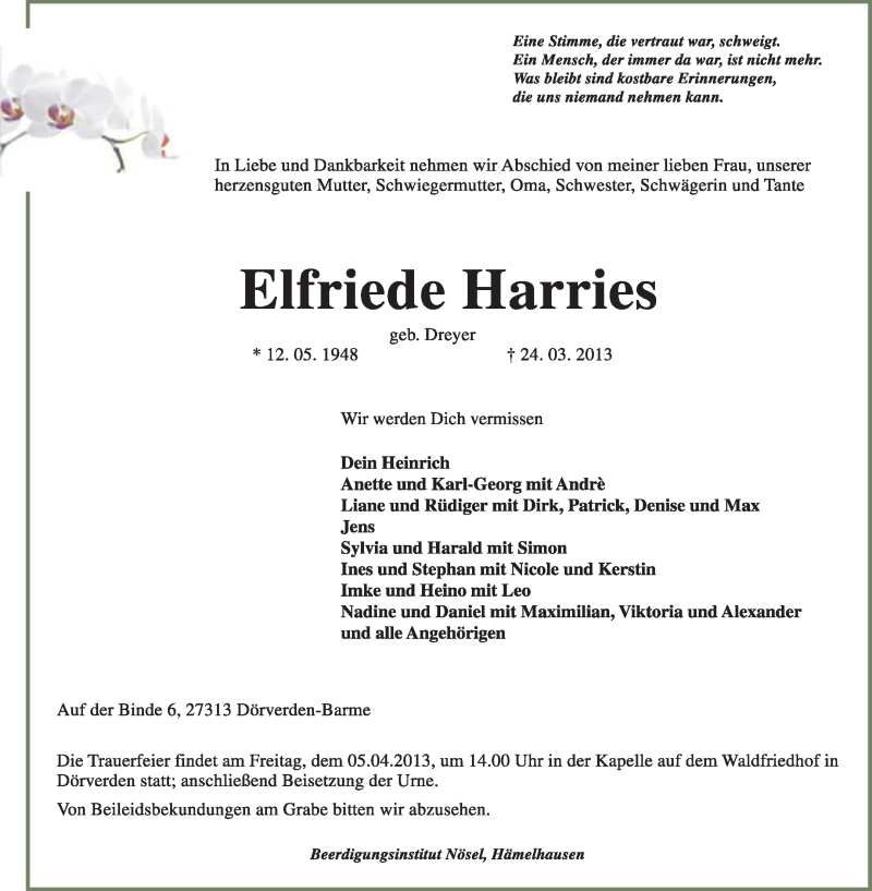 Traueranzeigen Von Elfirede Harries Trauer Kreiszeitung De