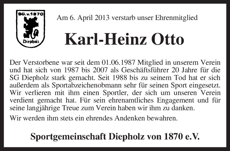 Traueranzeigen Von Karl Heinz Otto Trauer Kreiszeitung De