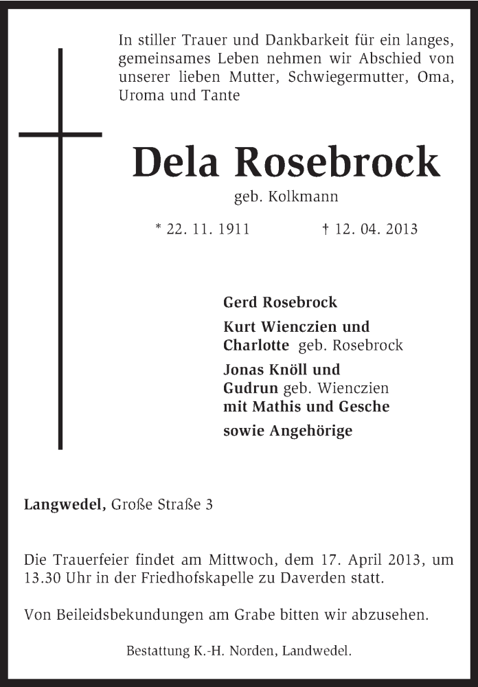 Traueranzeigen Von Dela Rosebrock Trauer Kreiszeitung De