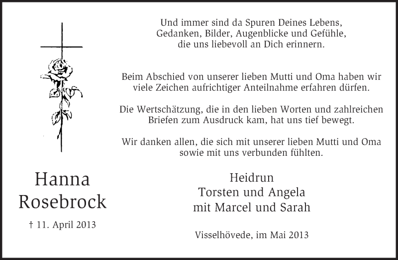 Traueranzeigen Von Hanna Rosebrock Trauer Kreiszeitung De