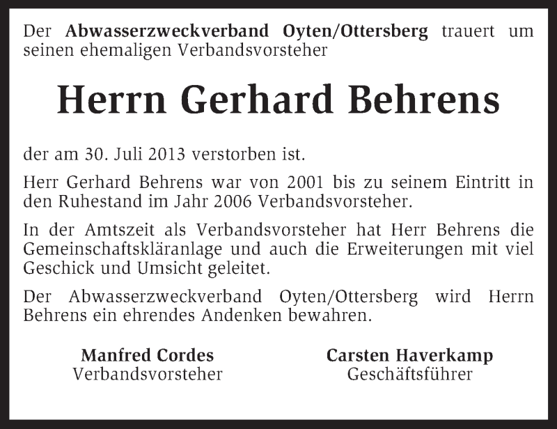 Traueranzeigen Von Gerhard Behrens Trauer Kreiszeitung De