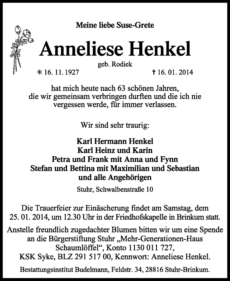 Traueranzeigen Von Anneliese Henkel Trauer Kreiszeitung De