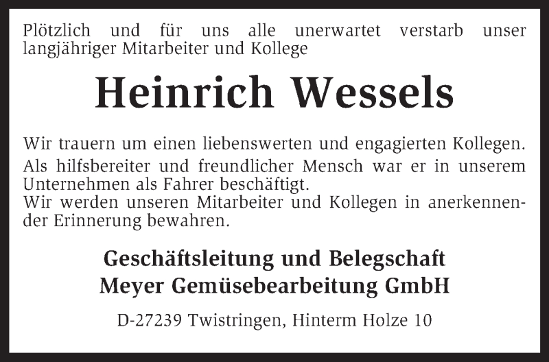 Traueranzeigen Von Heinrich Wessels Trauer Kreiszeitung De