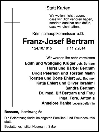 Traueranzeigen Von Franz Josef Bertram Trauer Kreiszeitung De