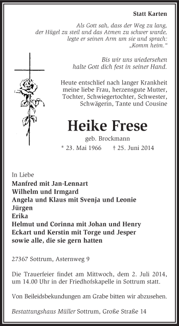 Traueranzeigen Von Heike Frese Trauer Kreiszeitung De