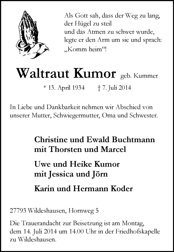 Traueranzeigen Von Waltraut Kumor Trauer Kreiszeitung De