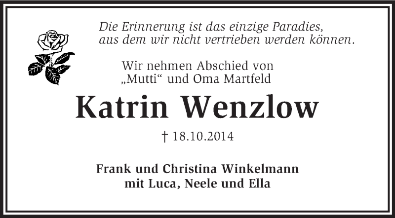 Traueranzeigen Von Katrin Wenzlow Trauer Kreiszeitung De