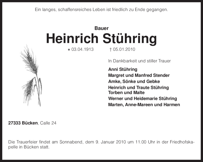 Traueranzeigen von Heinrich Stühring trauer kreiszeitung de