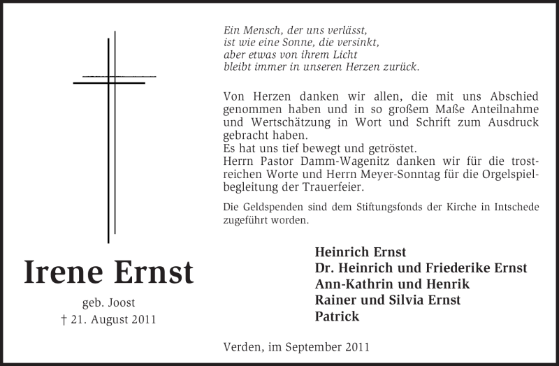 Traueranzeigen Von Irene Ernst Trauer Kreiszeitung De