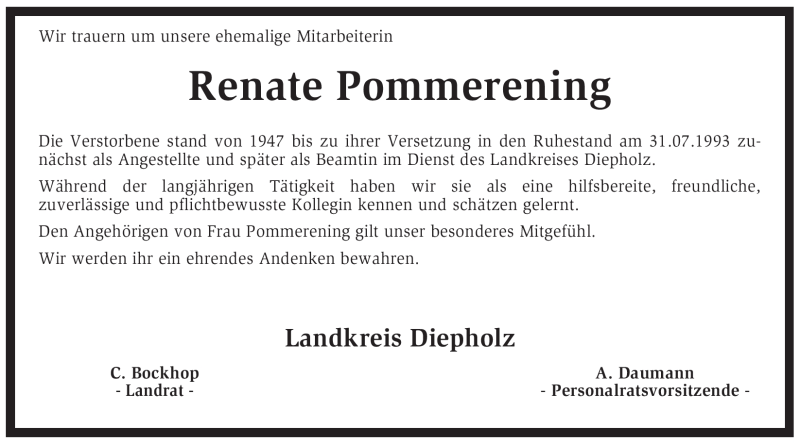 Traueranzeigen Von Renate Pommerening Trauer Kreiszeitung De