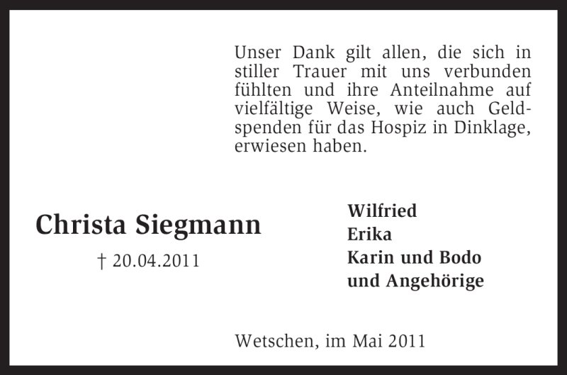 Traueranzeigen Von Christa Siegmann Trauer Kreiszeitung De