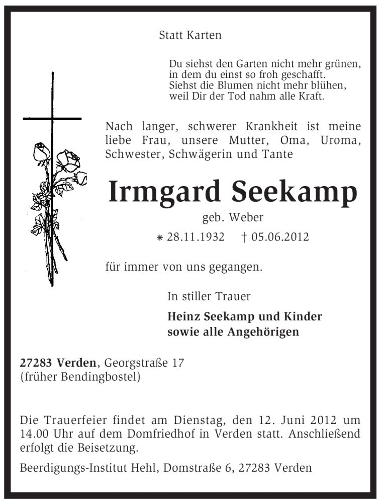 Traueranzeigen Von Irmgard Seekamp Trauer Kreiszeitung De