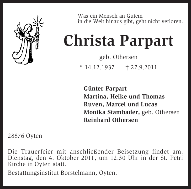 Traueranzeigen Von Christa Parpart Trauer Kreiszeitung De