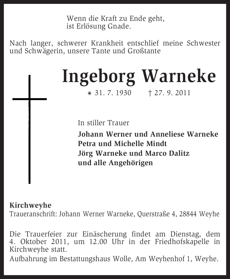 Traueranzeigen Von Ingeborg Warneke Trauer Kreiszeitung De