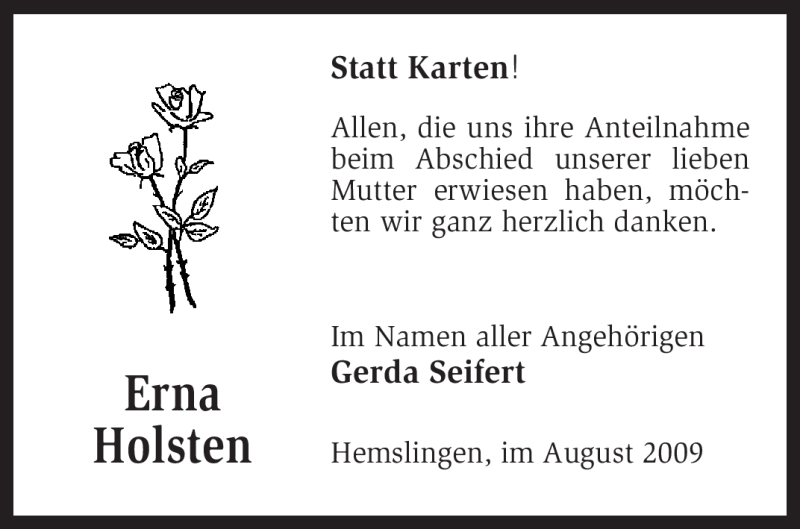 Traueranzeigen Von Erna Holsten Trauer Kreiszeitung De