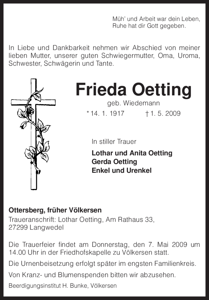 Traueranzeigen Von Frieda Oetting Trauer Kreiszeitung De