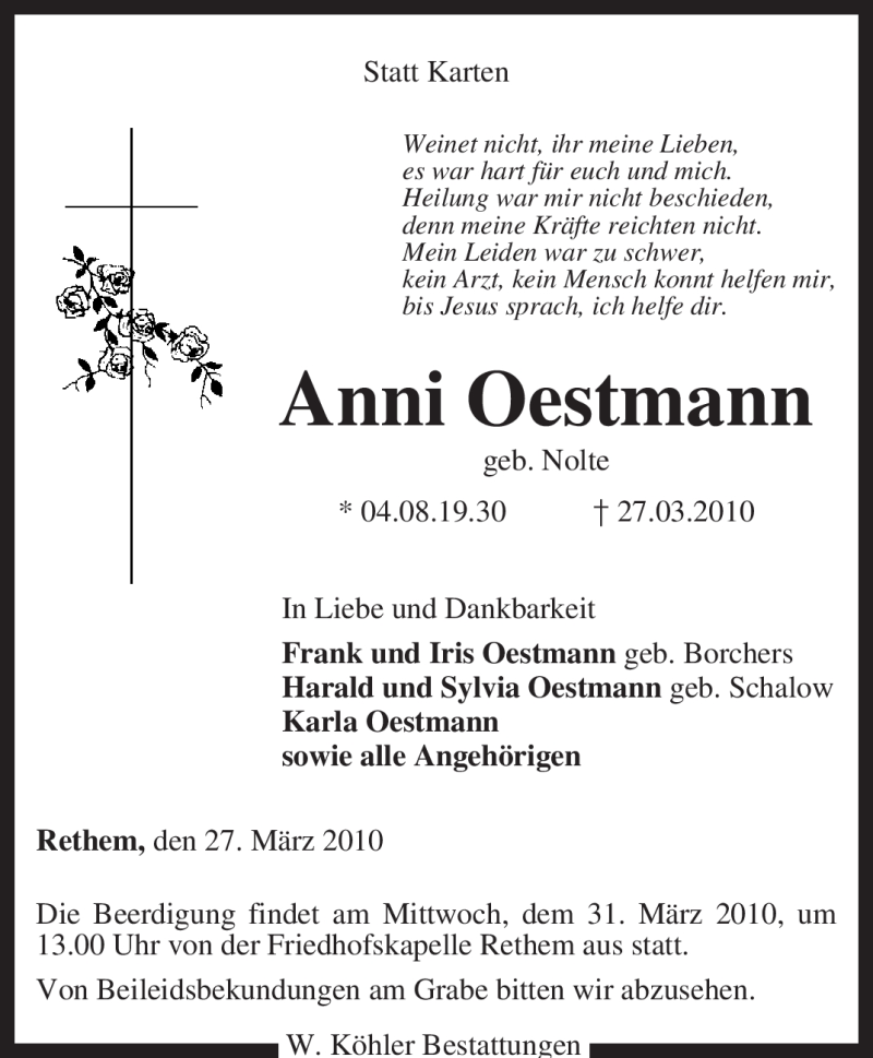 Traueranzeigen Von Anni Oestmann Trauer Kreiszeitung De