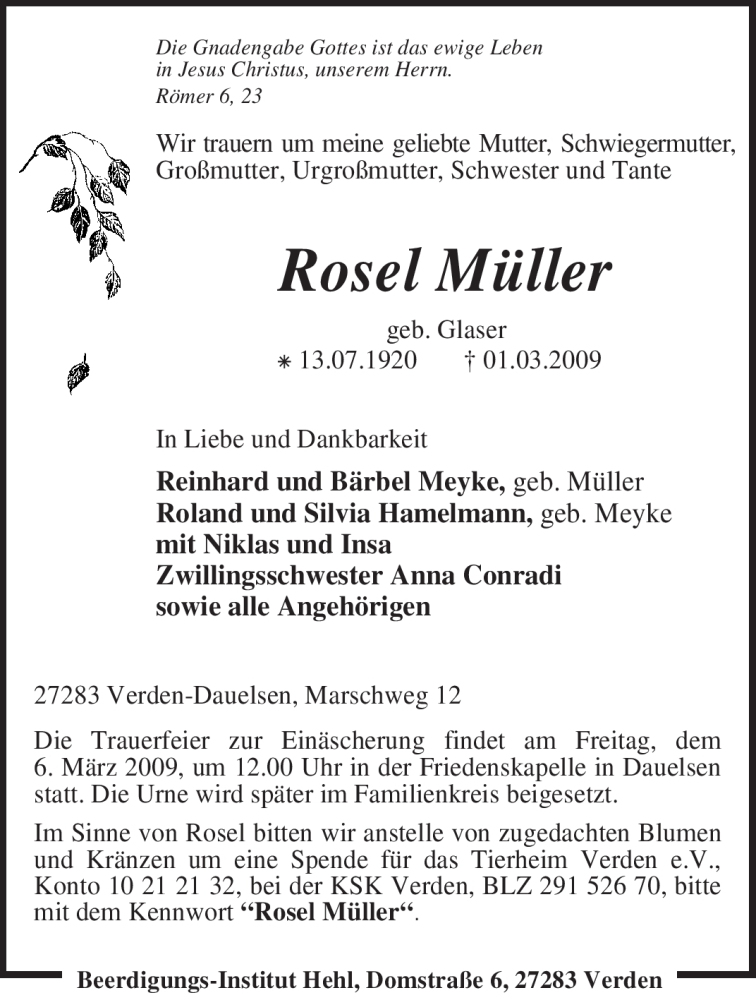 Traueranzeigen von Rosel Müller trauer kreiszeitung de