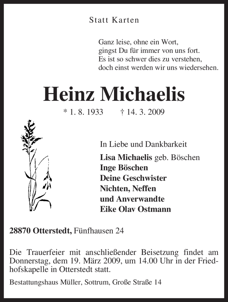 Traueranzeigen Von Heinz Michaelis Trauer Kreiszeitung De