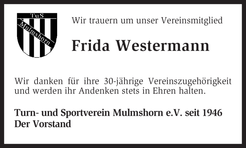 Traueranzeigen Von Frida Westermann Trauer Kreiszeitung De