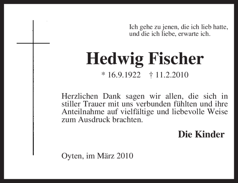 Traueranzeigen Von Hedwig Fischer Trauer Kreiszeitung De