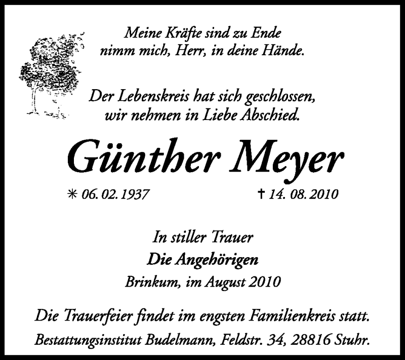 Traueranzeigen Von G Nther Meyer Trauer Kreiszeitung De