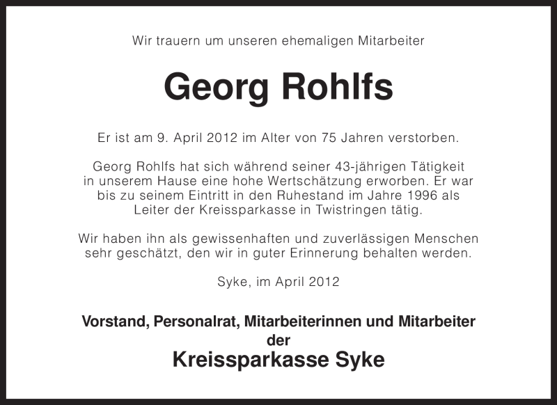 Traueranzeigen Von Georg Rohlfs Trauer Kreiszeitung De