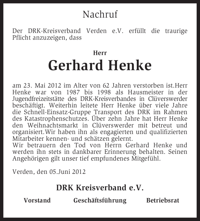 Traueranzeigen Von Gerhard Henke Trauer Kreiszeitung De