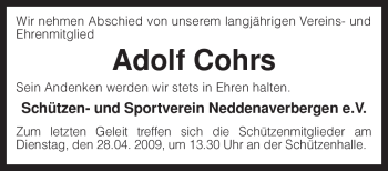 Traueranzeigen Von Adolf Cohrs Trauer Kreiszeitung De