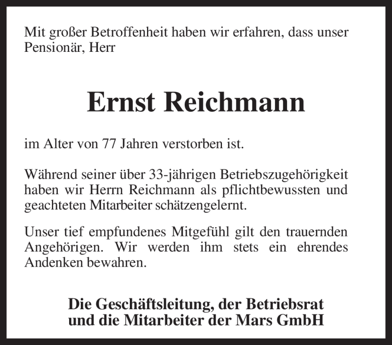 Traueranzeigen Von Ernst Reichmann Trauer Kreiszeitung De