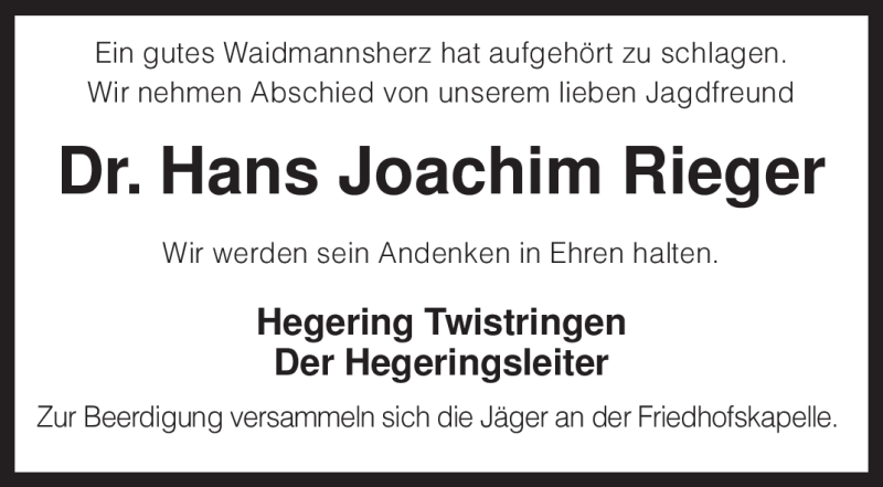 Traueranzeigen Von Hans Joachim Rieger Trauer Kreiszeitung De