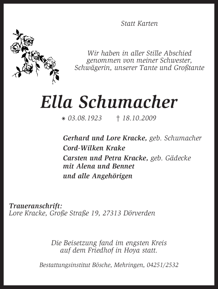 Traueranzeigen Von Ella Schumacher Trauer Kreiszeitung De