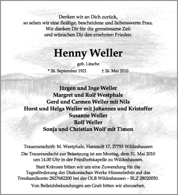 Traueranzeigen Von Henny Weller Trauer Kreiszeitung De