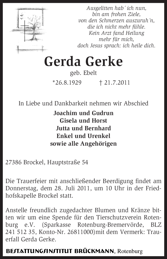 Traueranzeigen Von Gerda Gerke Trauer Kreiszeitung De