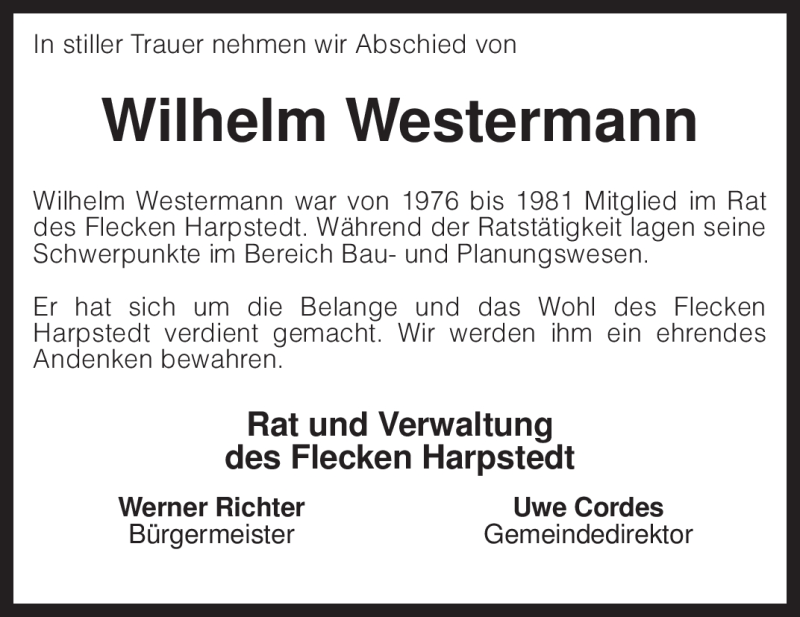 Traueranzeigen Von Wilhelm Westermann Trauer Kreiszeitung De