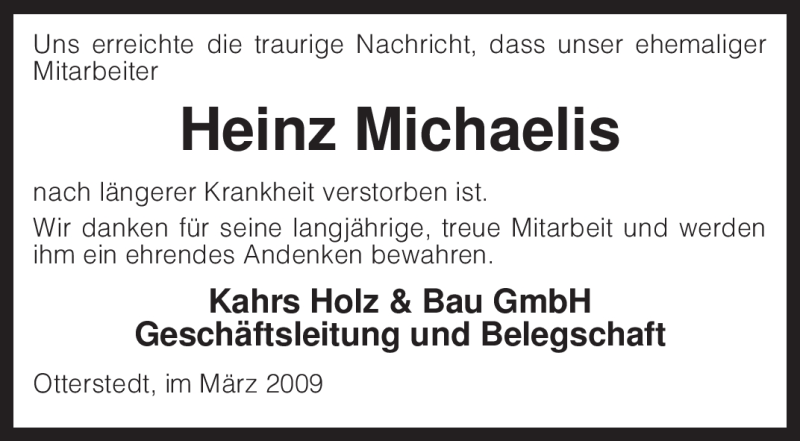 Traueranzeigen Von Heinz Michaelis Trauer Kreiszeitung De